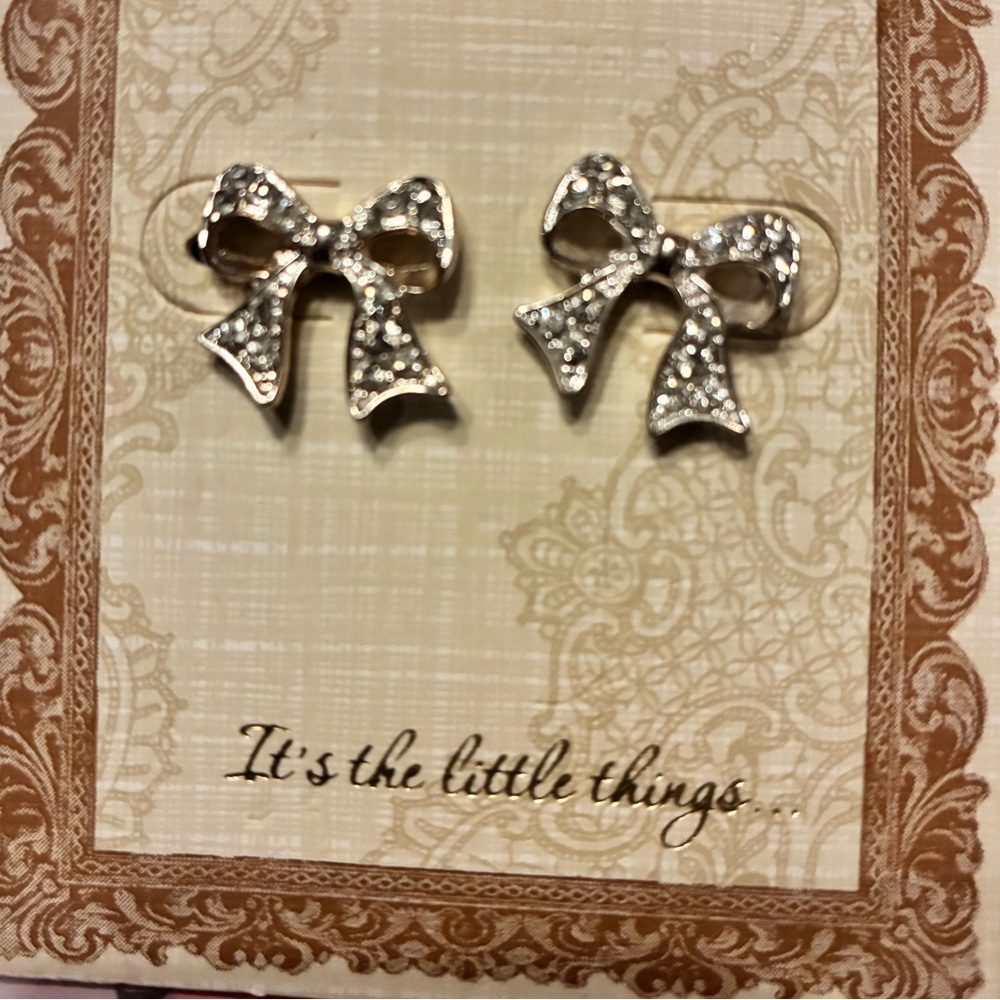 Silver Tone Trendy Bow Earrings w Rhinestones NWT